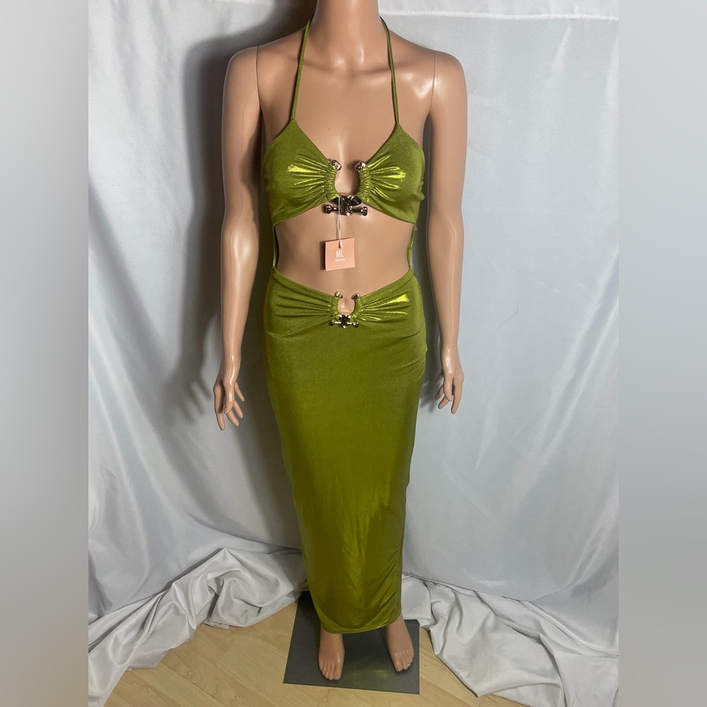 Miss Lola Lime Metallic Cutout Halter Maxi Dress Set S Gold Hardware